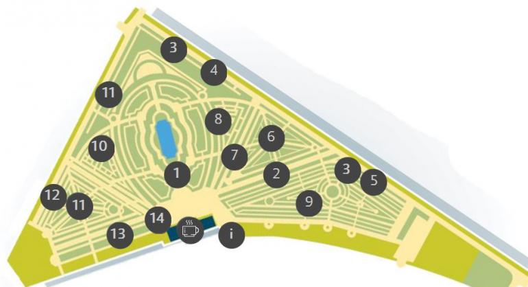 Plan des 13 jardins de collection de la Roseraie du Val-de-Marne